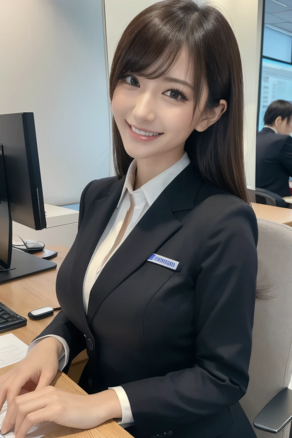 masterpiece,best quality, ultra highres,8k,16k,delicate photography, sharp line, sharp focus, (perfect anatomy:1.5), RAW photo, resolution,realistic,ultra detailed,sharp focus,RAW photo,白,蒼,黒,UHD,
BREAK,
beautiful Japanese girl,large breasts,Long eyelashes,
(A stunning female banker wearing a professional business suit:1.3), sitting at a modern bank office, smiling confidently while working on financial documents.
BREAK,
large breasts,huge breasts,sagging breasts,
1girl,