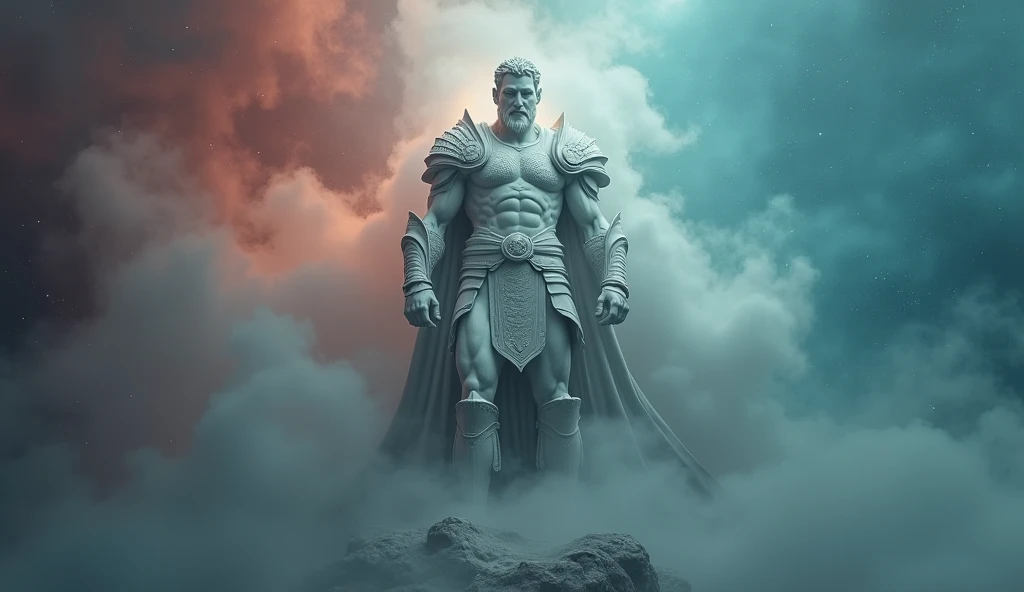 Create an image of a Greek sculpture of a man in white marble, em tamanho natural, em preto e branco. A escultura representa um guerreiro antigo, with defined muscles and a serene and determined facial expression. He's on his feet, com a postura ereta e os ombros largos, holding a shield in one hand and a spear in the other. A luz do sol brilha sobre ele, destacando os detalhes da escultura, with shades of gray that enhance the texture of the marble. His expression conveys inner strength, resilience and the ability to face challenges with calm and determination. The sculpture is positioned on a marble pedestal with ancient Greek inscriptions that symbolize the pursuit of wisdom and overcoming. The background is a landscape of green hills and blue sky, also in black and white. The image should evoke the feeling of personal overcoming and stoicism, conveying the idea that inner strength is the key to facing any adversity, while maintaining the contrast and lighting that make the sculpture stand out.