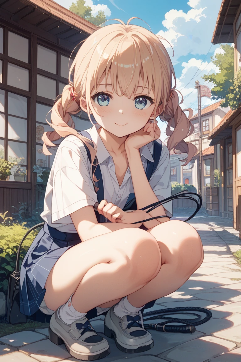 1girl in、A smile、The shirt、skirt by the、(small tits)Chilarism、Japan High School Student Uniform、serafuku、summer clothing、Run briskly、(Sheer Bra)、Upper body portrait、blonde hair、Squatting panchira、