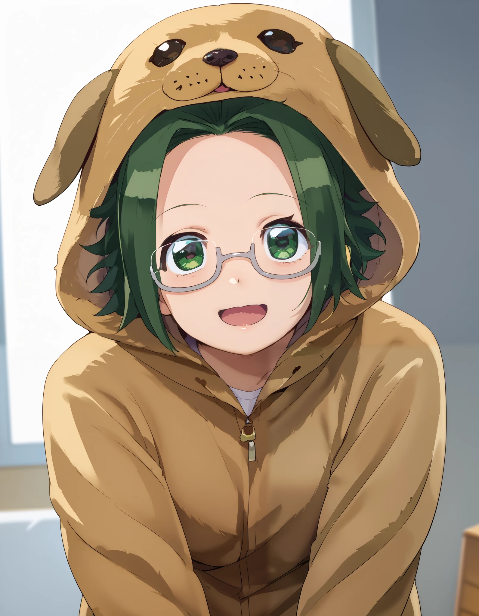 score_9, score_8_up, score_7_up, source_anime,
himikoagari, himiko agari, green eyes, ponytail, green hair, glasses,
bent over, smile,open mouth,
looking at viewer, cowboy shot, dutch angle, solo,dog costume,