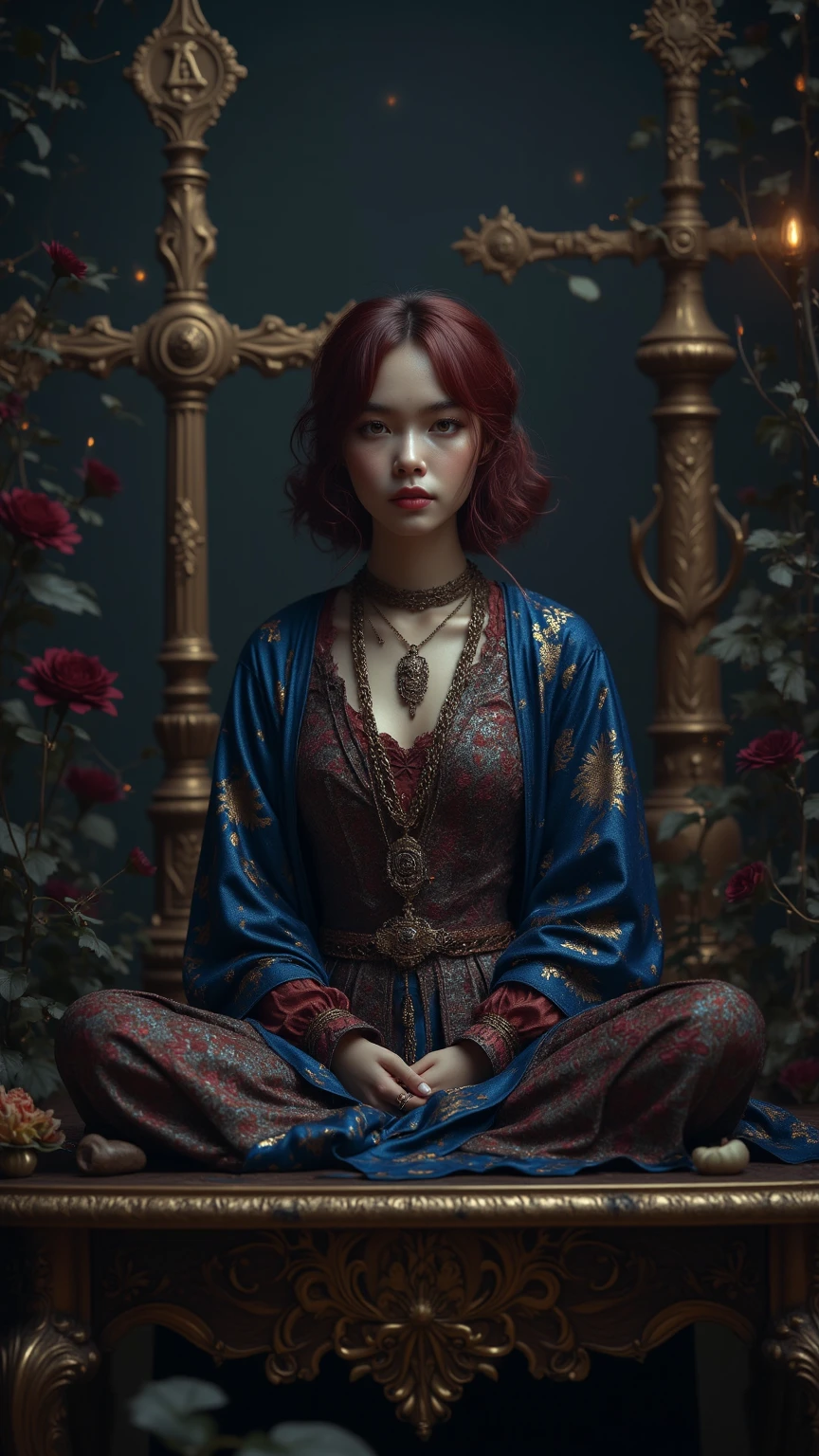Model
Experience
Girl (( 独奏 )) with red curly hair , with a face like Rosie Jones , dressed in a crimson dress with unusual embroidery , sitting on a bench against the background of the starry sky  , Her shoes are visible , Unusual embroidery on the dress in the form of growing grass , The whole dress is embroidered , Front light .