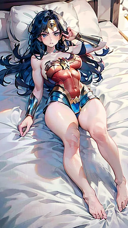 ((tanned adult woman), (( short black hair, blue colored eyes,)), (( with red corset with gold details, golden bracelets and tiara, blue sexy panties with white stars ( wonder woman estilo lynda carter ) stuck in the ass and wet pussy )) (( sleeping on your stomach, your ass is on display)) , 苗条, smile cute, (( laying down on a bed )) , red lipgloss stick, (( from the back looking at the camera showing her ass )) , Masterpiece artwork, high qualiy, rear lighting ))