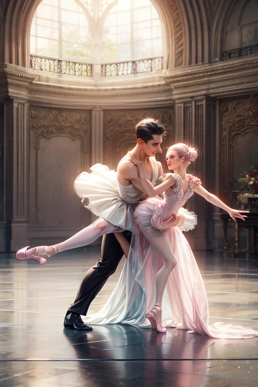 (8k, best quality, masterpiece, RAW photo, beautiful eyes, ballet tights, crotch bulge, nutcracker ballet:1.35), (2boys, ballet dancers, prince defeats rat king:1.5)