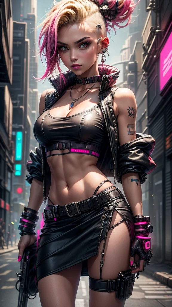 In the vibrant world of cyberpunk, a rebellious punk girl named Ria roams the neon-lit streets. With a mischievous grin, her piercing blue eyes are hidden behind a pair of sleek, sexy brand earphones. Her exposing top and panties, adorned with intricate designs, revealing her defiant spirit. A leather collar encircles her neck, and fishnet stockings cover her thigh-high boots, contrasting against the best quality, rich black leather. She clutches her earrings between her teeth as she runs, leaving an aura of rebellion and excitement in her wake. (Watercolor: 1.1)