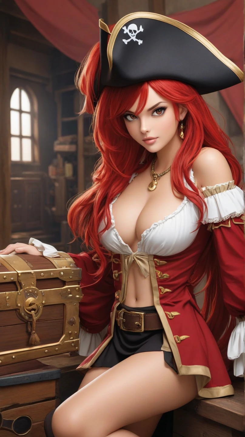 (masterpiece, best quality:1.2), intricate details, miss fortune \(league of legends\), 1girl, bare shoulders, pirate hat, white shirt, cleavage, pants
