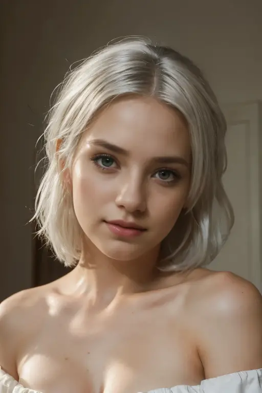 Best quality, masterpiece, ultra high res, (photorealistic: 1.4), raw photo, 1girl, off shoulder, cinematic lighting, kiss poses, heterochromia, white hair, white hair