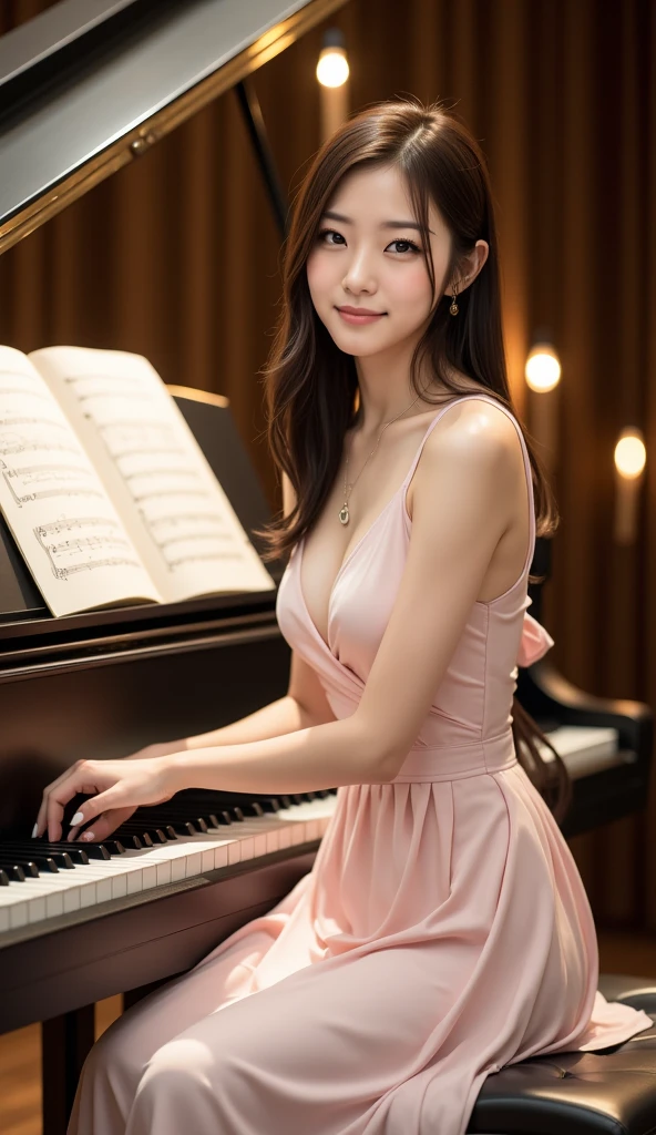 alone, (shiny skin:1.05),(blush:0.9),(skin dents:1.15),realistic, highest quality, High resolution,absurd, (perfect face:1.1), ,(highest quality,8k,32K,masterpiece,nffsw:1.3),超A high resolution,(Photoreal:1.4),RAW photo,beautiful hair, sexy long dress, cleavage,stage of concert hall, detailed background, perfect lighting, written boundary depth, beautiful shadow gradation,Grand piano,pumps,Stand in front of the piano,smile,