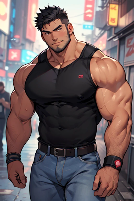 ((Anime style art)), Extremely muscular masculine character, bodybuilder body, wearing a sleeveless V-neck shirt, hands raised at neck level, The character is leaning against a wall. Pockets, Futuristic cityscape, Busy route, Buildings, person
AS & Vehicles. Main character from the anime, Nice image, Hard drive, 4k, Main character leaning against a wall with his hands at face level.