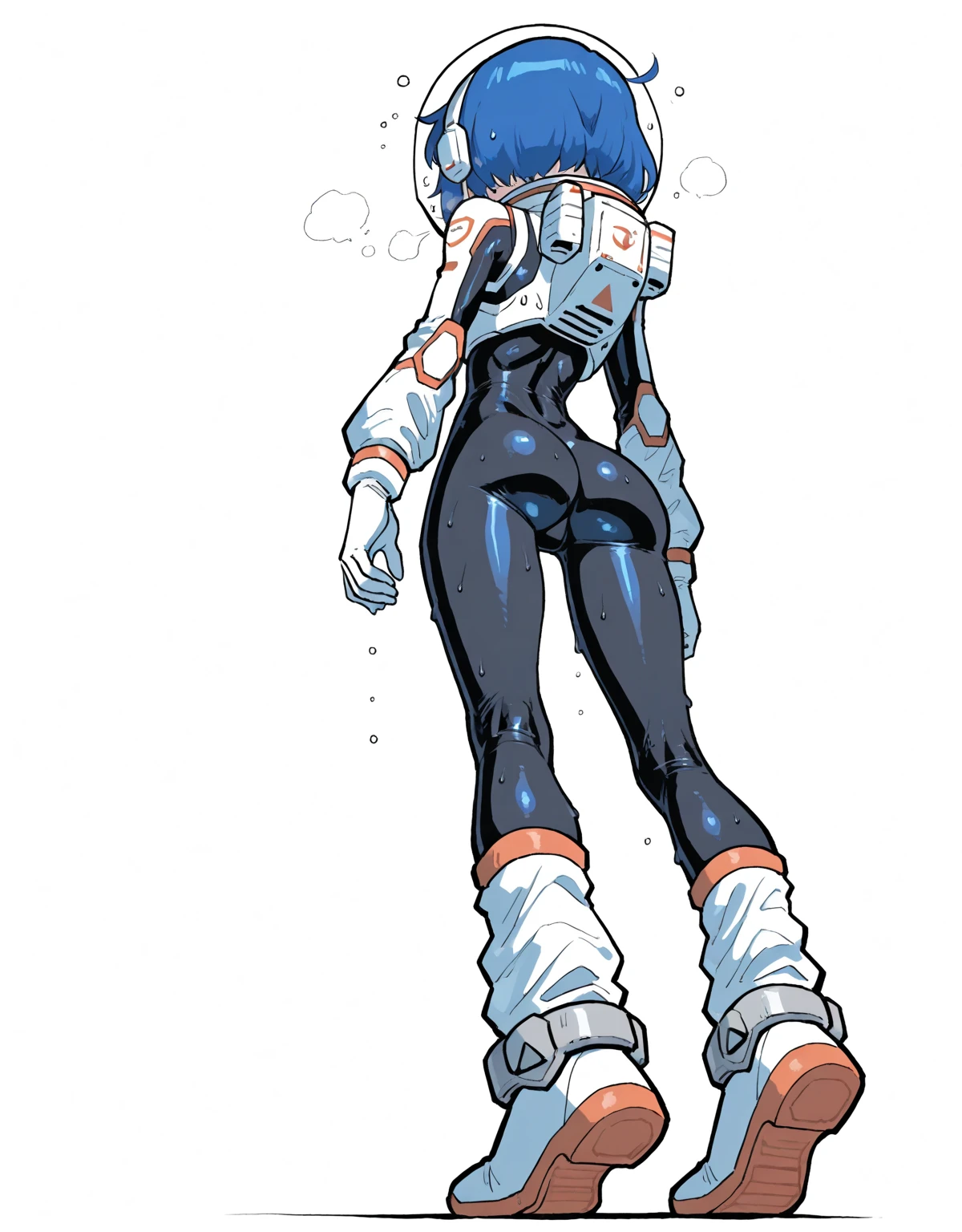 space adventurer girl ,  , space adventurer , tight spacesuit , astronaut helmet , cute, blue hair , skinny , white background , Martian girl , from below ,  , back ,  , sweaty, tired, exhausted , breath , full body
