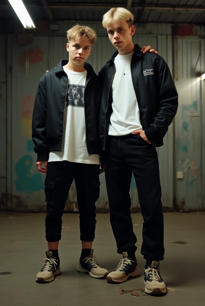 Two teenage boys both wearing nike jordans 1. The Jordans should be clearly visible and original in the picture. Both have their hair styled and the sides at zero. Both boys are German and can be seen completely in the picture. The picture must be realistically photogenic.