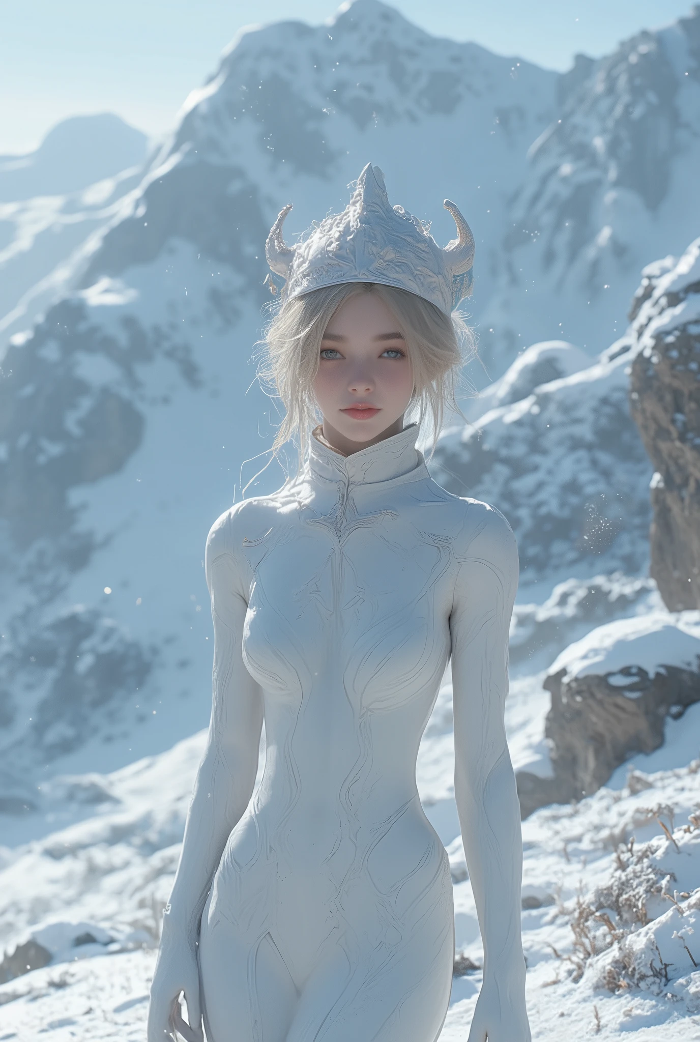 (ultra Realistic) , (illustration), (Enhance resolution), (8k), ( Extremely Detailed), ( detailed face ), Slim Body, in the dark , deep shadow, low profile, pureerosfaceace_v1, Happy smile, Winter, Mountain