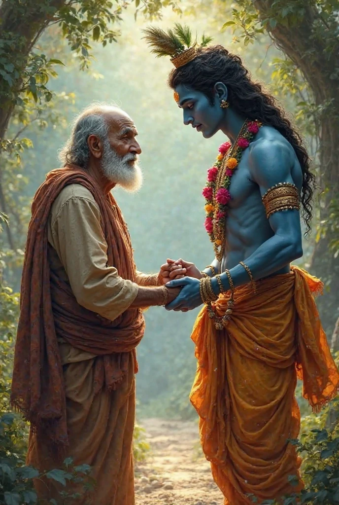 
The setting is a simple yet beautiful village scene, with the two friends sitting on the ground under the shade of a large, ancient tree. Krishna is lovingly holding Sudama’s hand, listening attentively as Sudama recounts his life story. There is a small bundle of rice (Sudama’s humble gift) tied in a cloth lying nearby. The atmosphere is filled with a sense of nostalgia, warmth, and deep friendship, symbolizing the unbreakable bond between Krishna and Sudama, transcending wealth and status.
