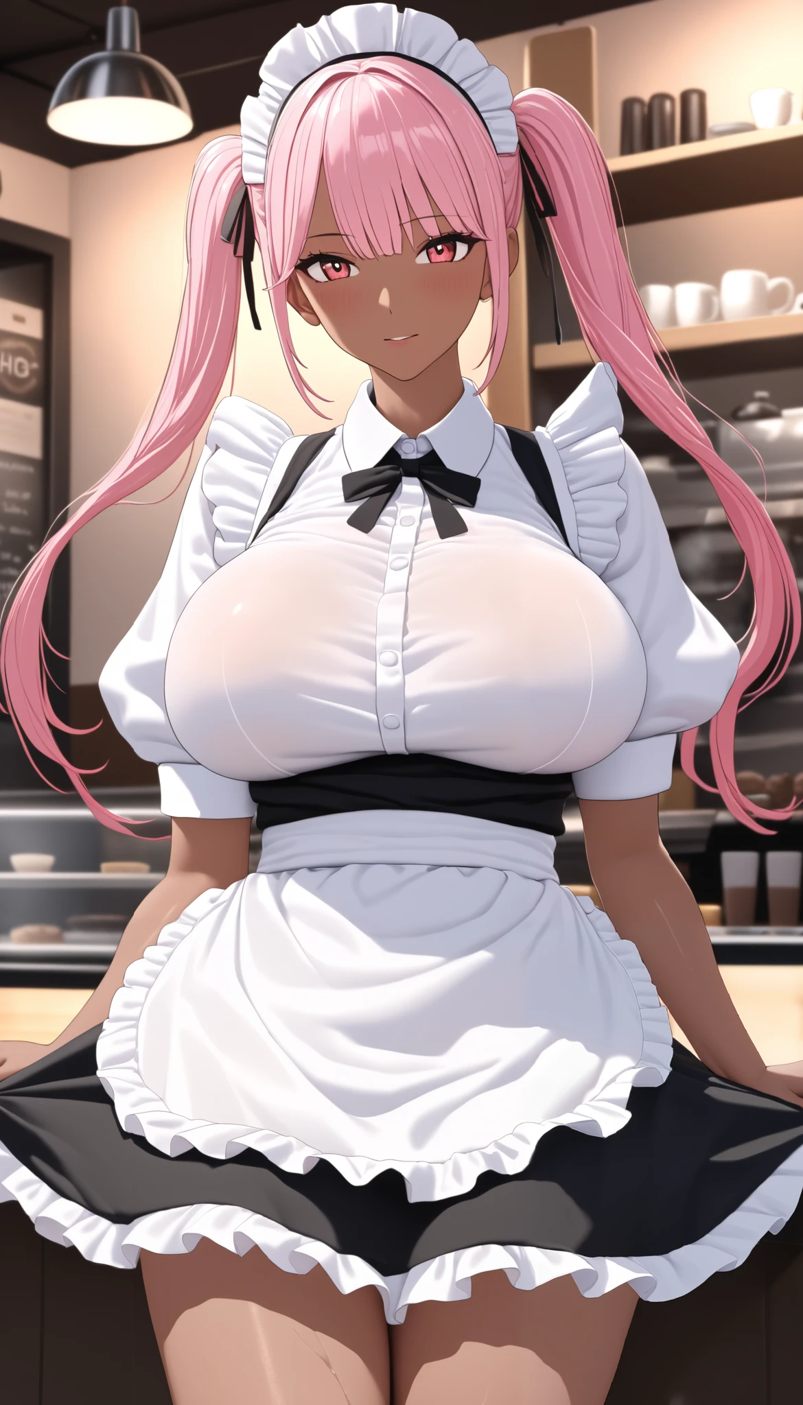 A Female Maid, SOLO,Dark skin,Shiny skin,(Pink short hair,Twintails),Maid uniform,Coffee shop,Open pose, UHD, anatomically correct, masterpiece, textured skin, high details, highres, 1080P, 16k, accurate, Detailed skin,Cowboy shot,(((hbig bosom)))