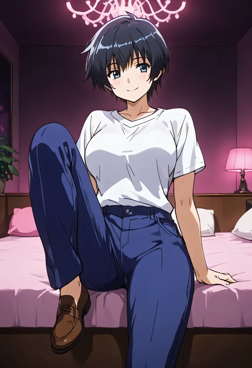 1 ,Alone ,
Akiyama Tatsurou,black hair, short hair,blue eyes, white shirt , blue pants , Brown shoes,muscular,large lump in the crotch,
cowboy shot, smile,
front view, of foot,looking at the spectator,
Hotel room, pink lights, dark background, pink sheets , HearTE shaped pillow,chandelier,
masterpiece, Best cal