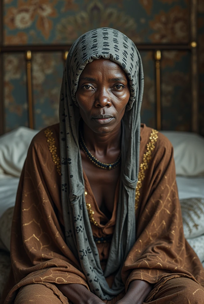 (((raw photo))) Photo of a congolese woman, wrinkles, aged, necklace, crowded papers room, closeup, neutral colors, barren land, best quality 8k photography, f/1.6, fuji XT3, photorealism, realistic, ((natural skin, skin texture, skin blemishes, pores))