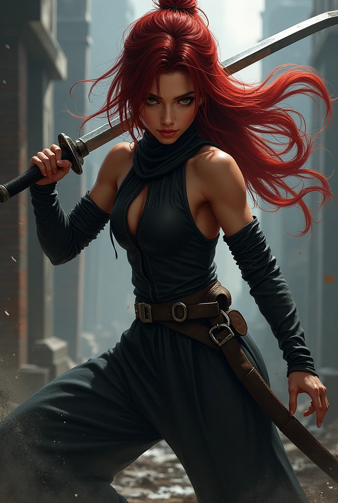 asian woman, long red hair, big boobs and butt, fighting with katanas