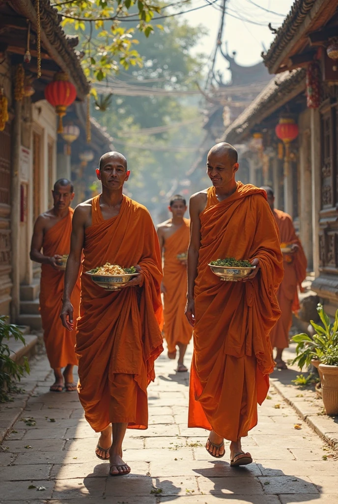 2 tall and handsome young Khmer monk walk on street in 1900s