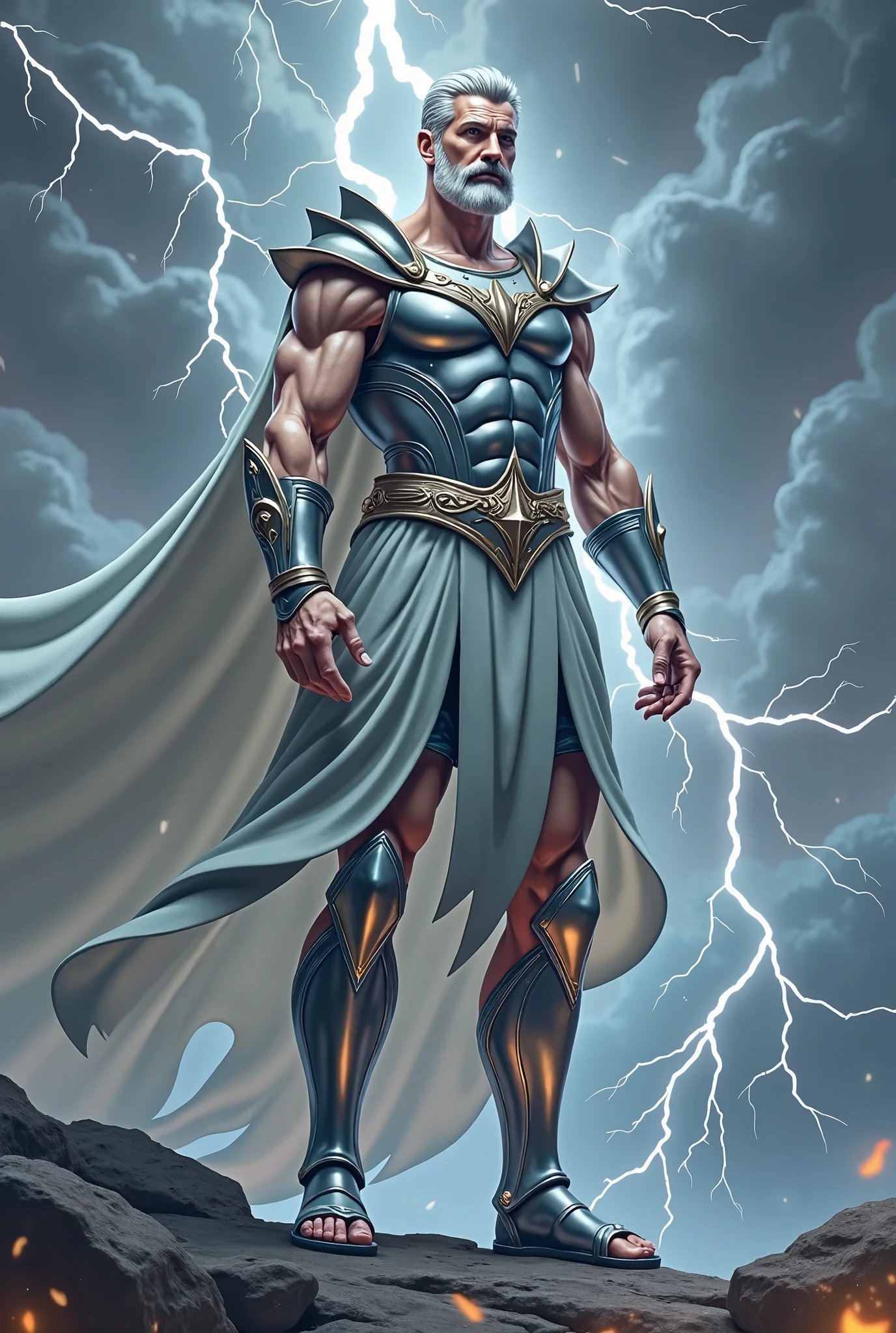 Images of God in the heavens in their traditional form, como um homem com barba branca e roupas brancas. AND A FLASH IN THE SKY