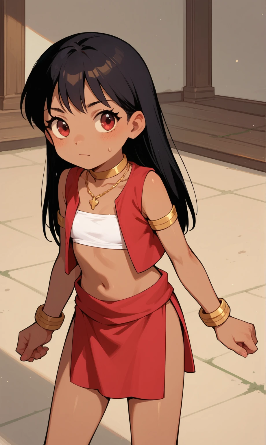 lora: 1.5 gensin impact , high res, stable diffusion, 1girl, solo, full body, dark-skinned female, dark skin, black hair, ponytail, golden eyes, medium breast, hip bones, escesive pubic hair, topless, nipples, paintbody, loincloth, poncho, oppen poncho, brown outfit, maya glipho, (nipples band aid), maya tattoo, partiali visible vulva, native, native warrior, maya, maya girl, standing, spread legs, white background, simple background, lora 1:5 maya_stile