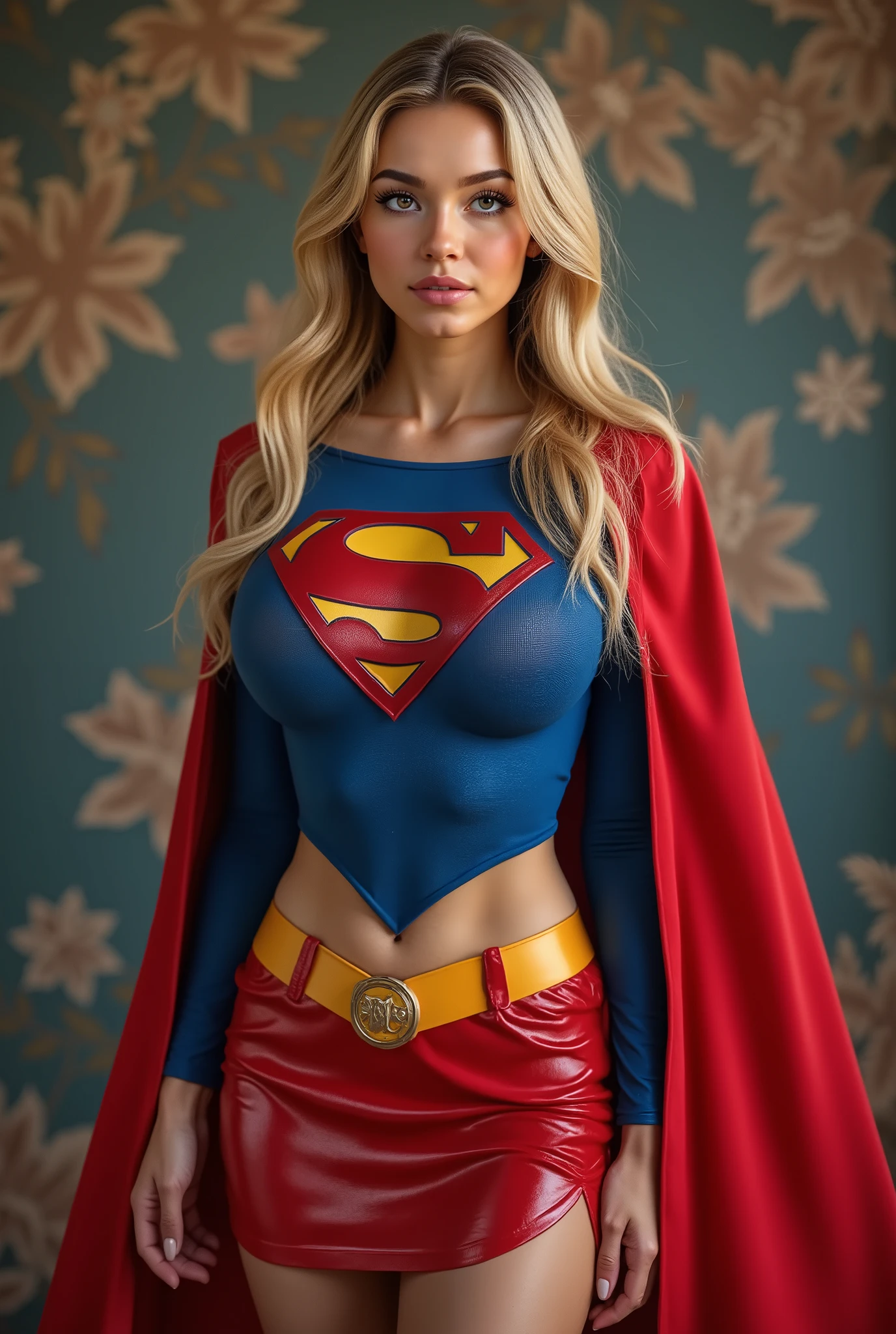 a beautiful girl with long blonde hair, detailed blue eyes, nose, and lips,WEARING A 1970 SUPERGIRL COSTUME, CAPE AND BOOTS (best quality,4k,8k,highres,masterpiece:1.2),ultra-detailed,(realistic,photorealistic,photo-realistic:1.37),HDR,studio lighting,extremely detailed face and body, portrait,cinematic lighting,dramatic lighting,warm color tones,dramatic colors. PERFECT SKIN, PERFECT BLUE EYES, MILLIONS OF DETAILS, 8K. COMPLETE BODY VIEW.