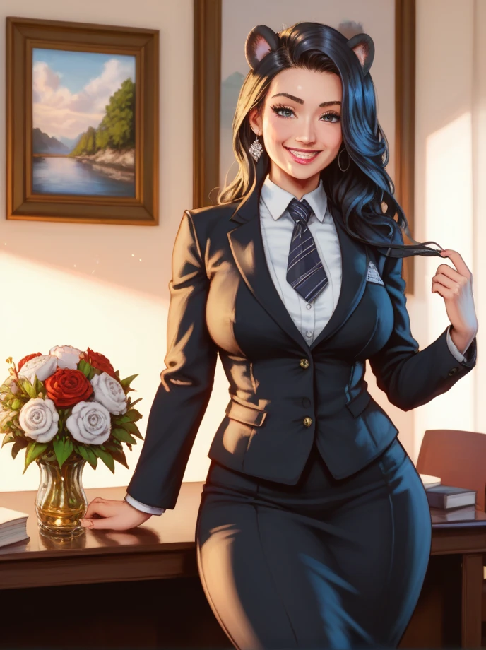 German woman, long curly black hair, brown highlights, green eyes, emisarry, glasses, paperwork, red lips, smiling, pale ivory skin, black suit
