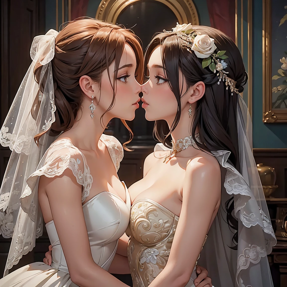 (masterpiece, highest quality, official art, beauty and aesthetic), perfect anatomy, two stunning bride is deeply in love with each other, kiss, flower, romantic atmosphere