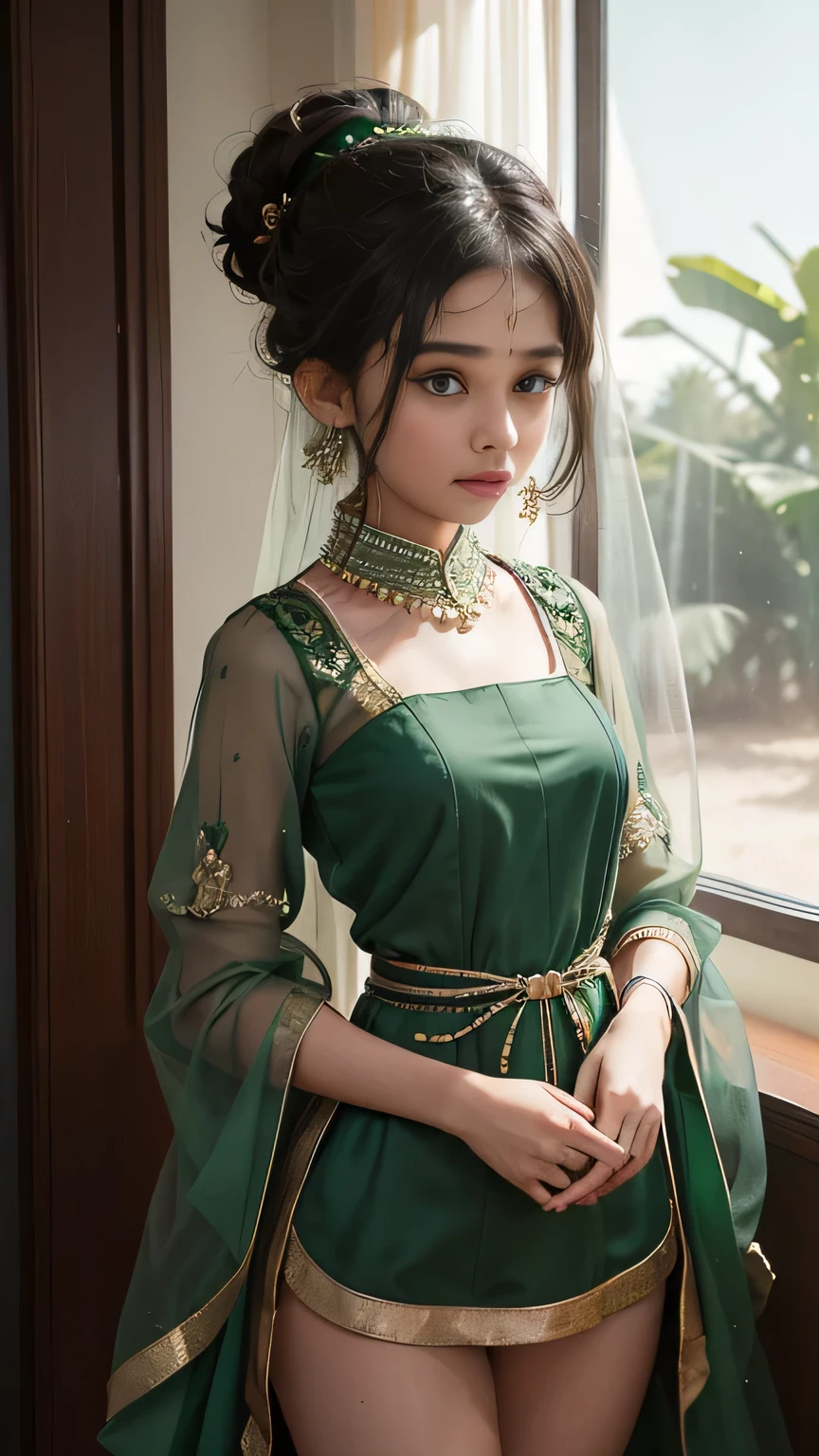 8K, ultra high detailed small indian girl, crying expression, bun hair, impressive hairstyle, detailed eyes, detailed lips, small indian girl, she has thick thighs, short height, little innocent face , tears in eyes, Small girl The waist is belted، wearing full green net downblouse and full legs green Gharara full green Gharara small girl, small girl , Standing girl، she has thick thighs, wear green net blouse, green wide Gharara, she has thick thighs, Background: candle night room