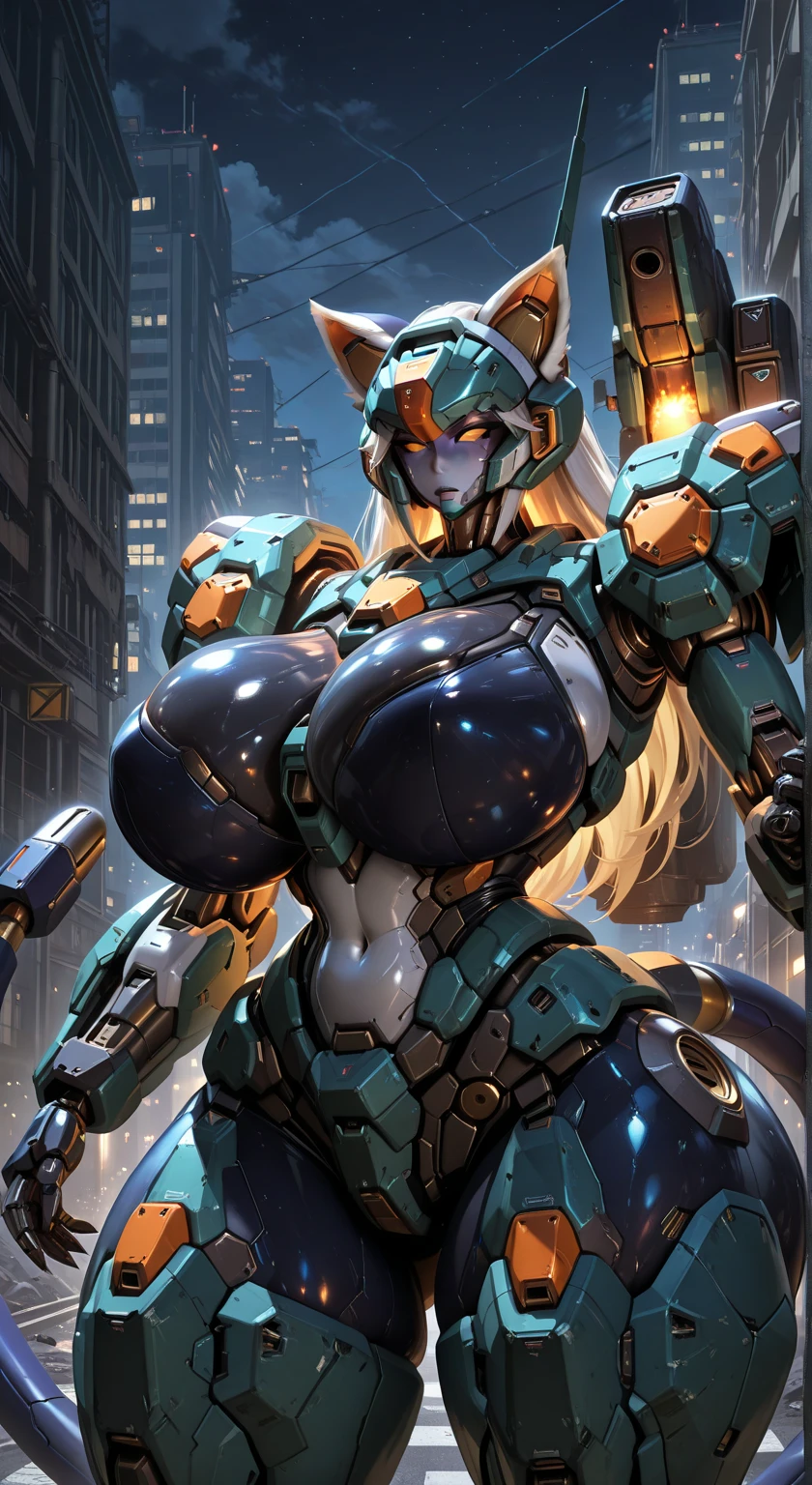Masterpiece, very detailed, ultra detailed, alone, (1 woman), she is in a dark green futuristic neon exoskeleton and in an elegant position, super mature, tall, milf style, mature mother, super long hair, bright white hair, super white hair and side hair, white demonic horns, beautiful, charming, bright golden dragon eyes, yellow eyes, bright eyes, elegant, big breasts (huge, torn), bare breasts, cheerful breasts, friendly smile, charming, six press packages, dark background, futuristic setting on a huge golden foggy background.