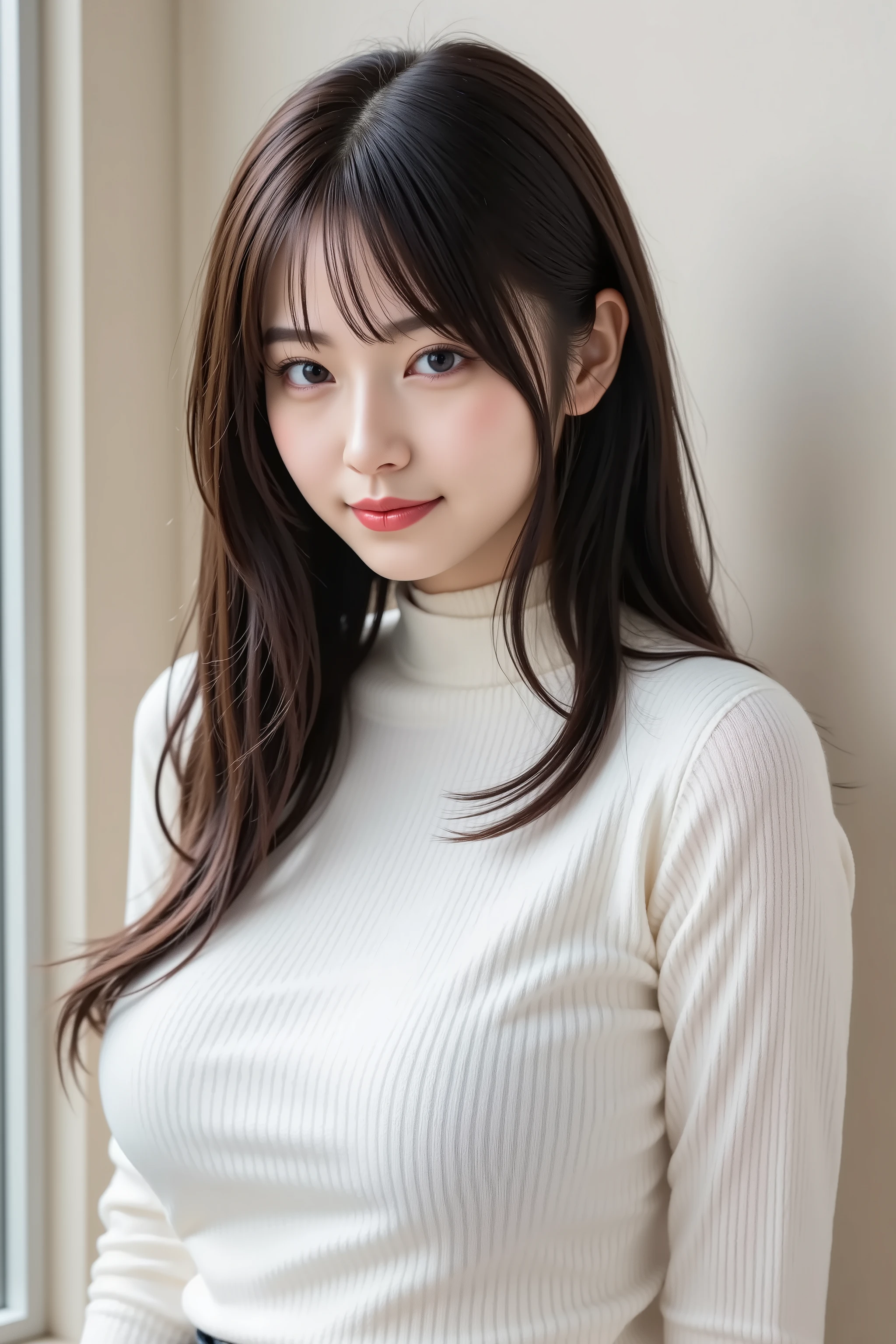masterpiece, big , with the face positioned accurately in the center of the image, fine, clean skin、big , plain high neck long sleeve ribbed slim fit t-shirt、 standing、long black hair, Bangs, smile, 8k, shooting studio background