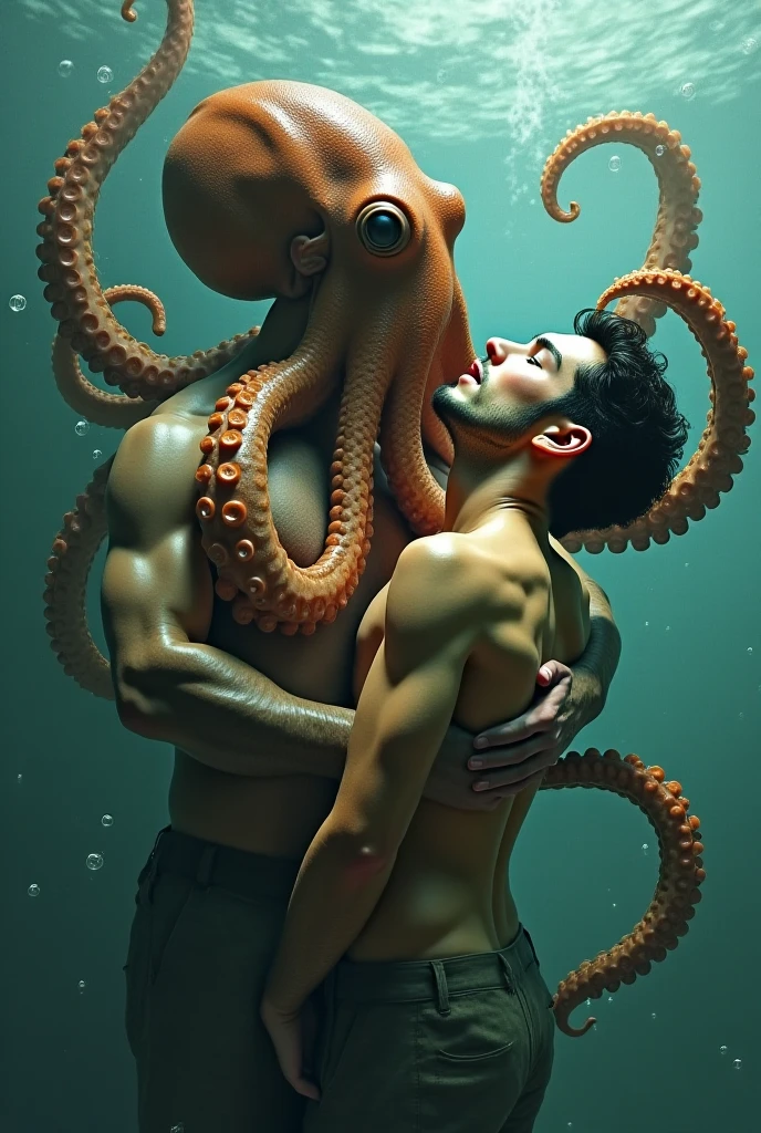 (extremadamente detallado, obra maestra, La mejor calidad), Estilo oscuro, intense illumination, rostro con arrugas, lengua larga, tentacle, deforme, monstruoso, interior de una piscina de agua verdosa, imagen submarina, alien con Colmillos finos, pico de pulpo amenazante. manchas de tinta. Rococo composition. Luz de caravaggio