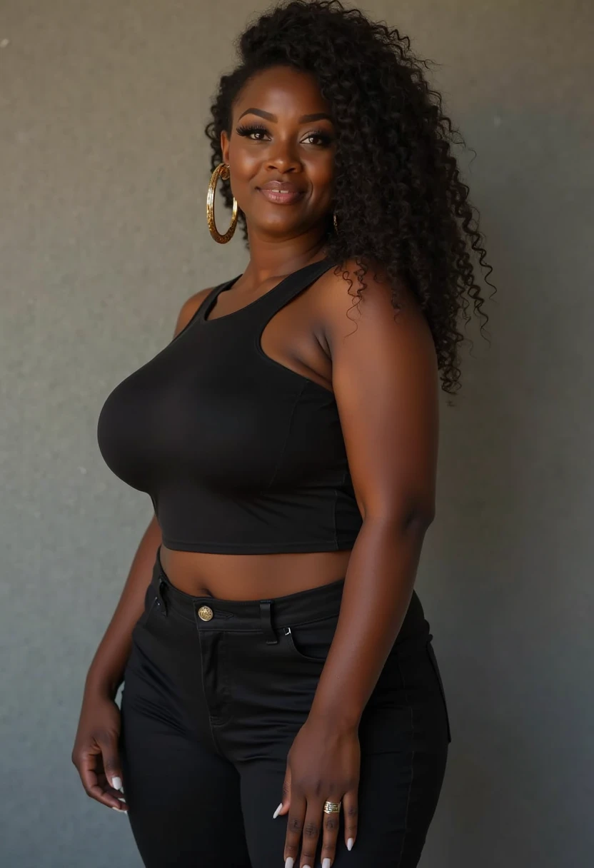 handsome and beautiful chubby African American women, medium brown skin tone, smirking with short brown hair half body shot wearing a black t-shirt and jeans
