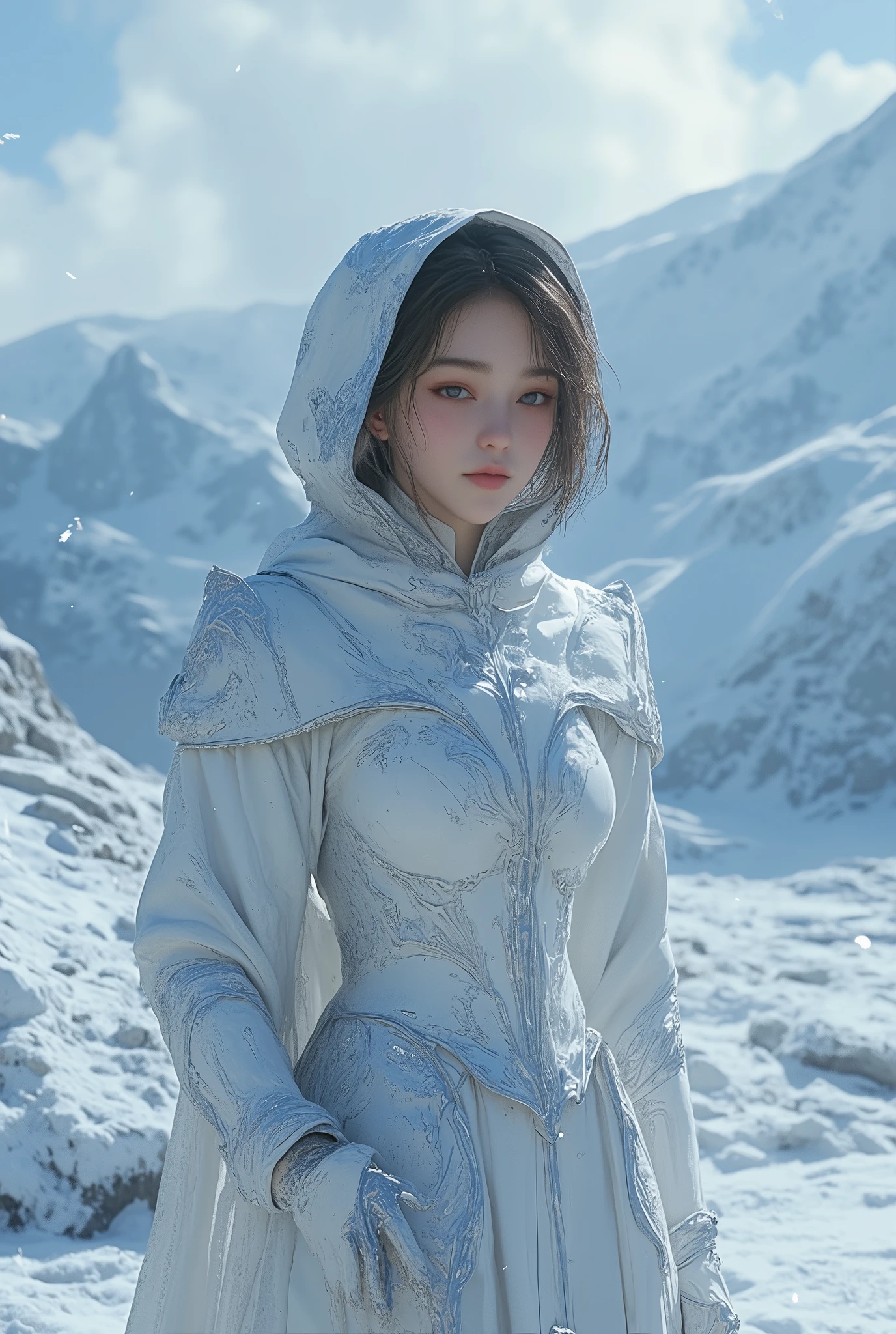 (ultra Realistic) , (illustration), (Enhance resolution), (8k), ( Extremely Detailed), ( detailed face ), Slim Body, in the dark , deep shadow, low profile, pureerosfaceace_v1, Happy smile, Winter, Mountain