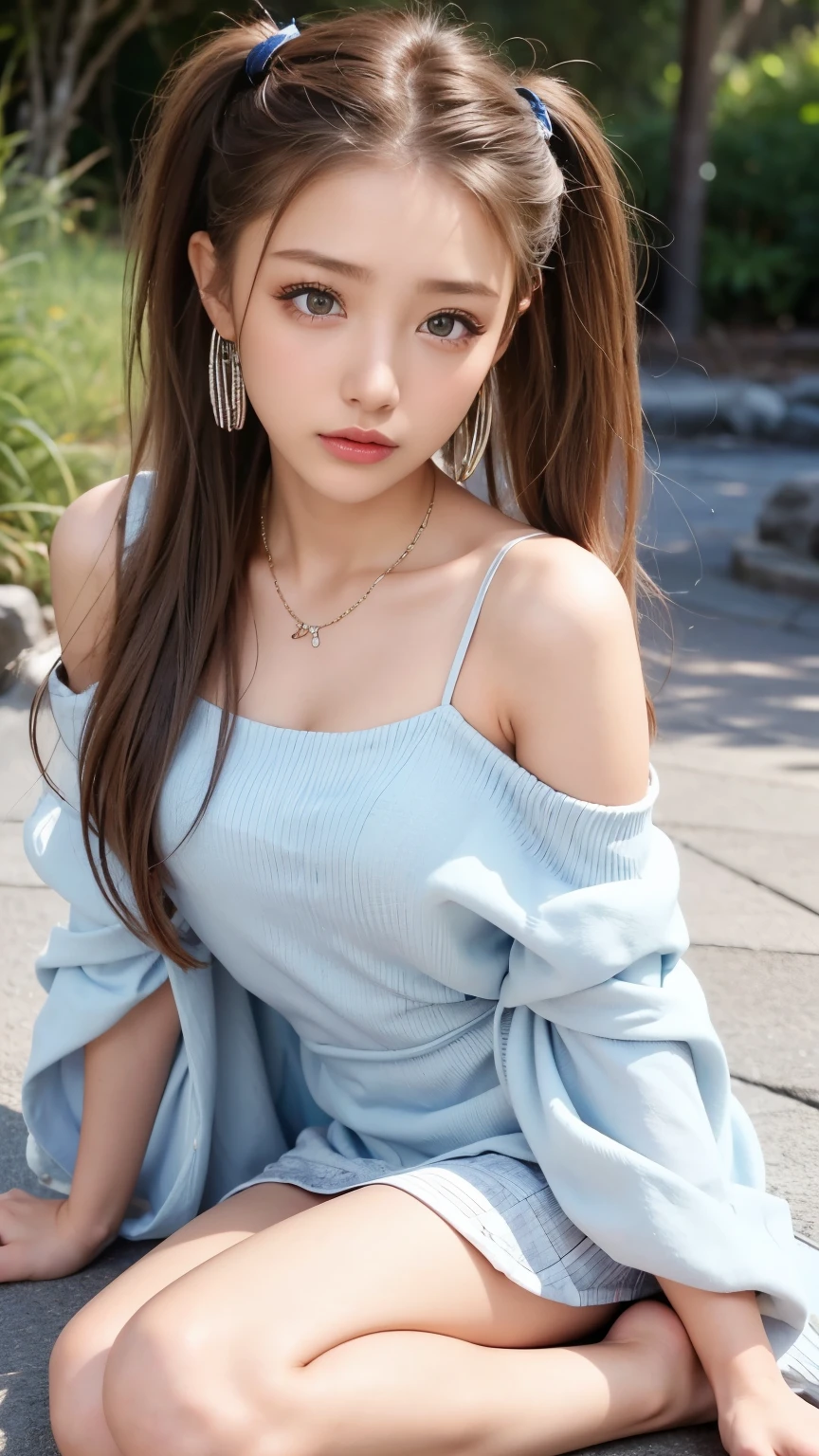 A Korean girl on the street, fluffy hair, Delicate face, Realistic, Real, Large aperture, Wearing a princess dress of random color, short princess dress, fuffy dress, with necklace, slim,爆乳、