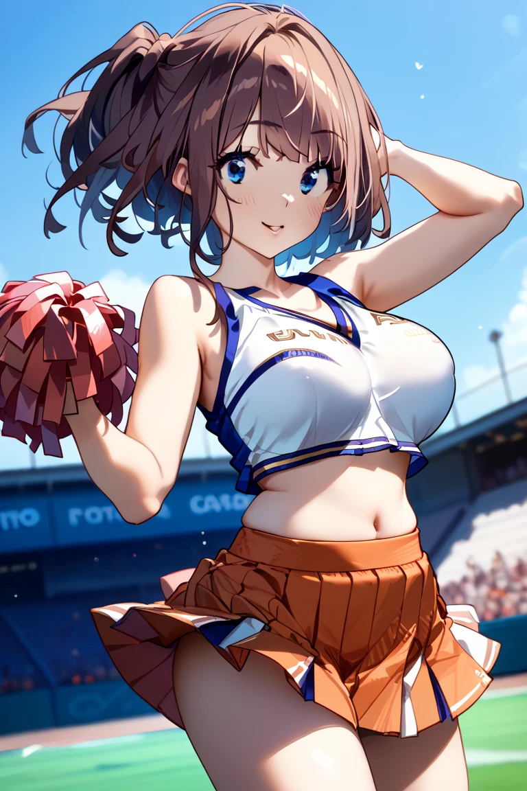 Tabletop, highest quality, One Girl, View your viewers, bangs, blue eyes, hair ornaments, Big Full Breasted, Track and field, Put your arms behind your back+++++++ stand+++ Rolled up skirt A cheerful smile, Big Ass Rear View