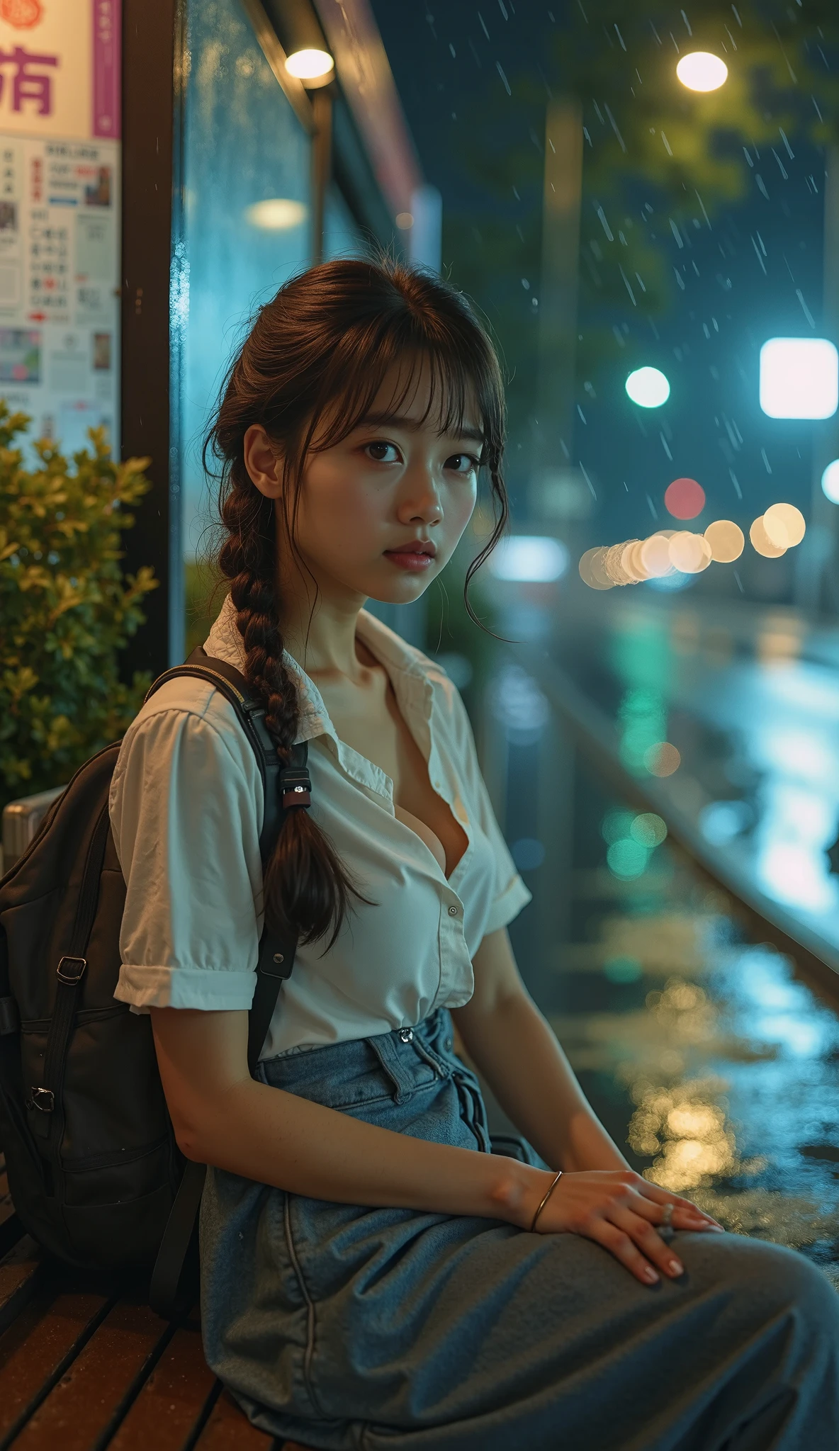 (8k, Photorealistic, Raw photo, Highest quality: 1.4),Japanese idol-style beautiful girl,1 person,17 years old,(Short Bob),(Black),She has her hair tucked behind her ears,Raindrops dripping from hair,Clear grey eyes,Eyes moist,Long eyelashes(piercings(small)),(Lip gloss),lips(Plump,glossy),Thin and delicate shoulders,thin abdomen,(Open shirt),(Pleated skirt(Plaid)),(loafers),summer,Sudden squall,Soaked from head to toe,My shirt is wet and transparent,On the way home from school,Under the eaves of the store,Looking out at the rainy street,Long shot from across the street,Full body portrait