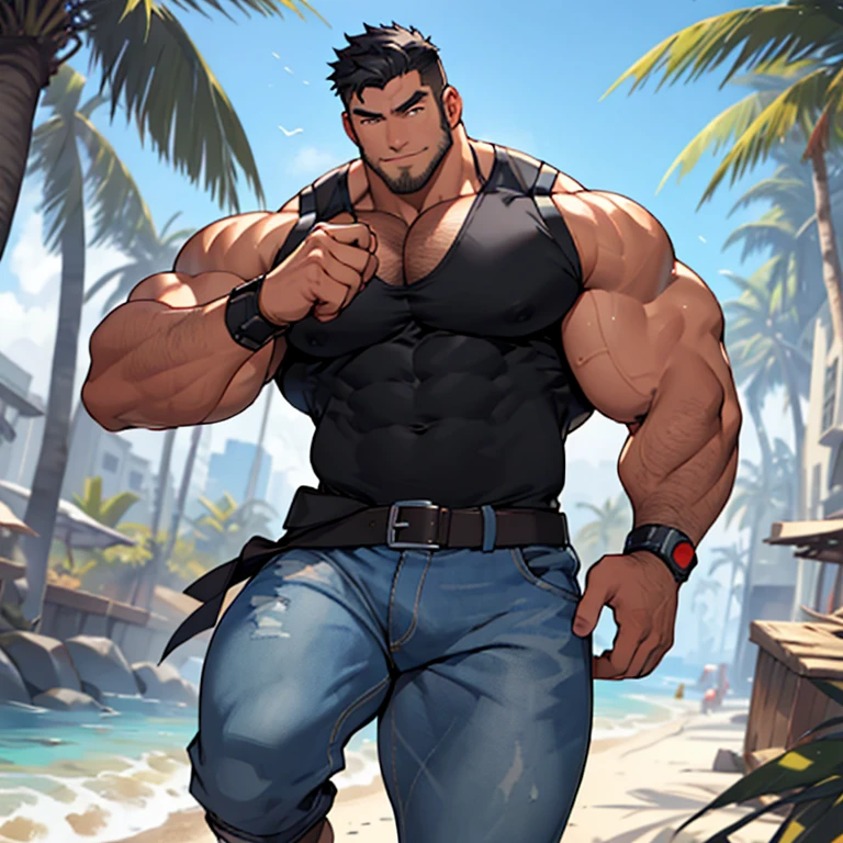 A angry man fighting at the street, imponente, Vista lateral distante, corpo inteiro, 50 years old, grey short hair , thick grey mustache, dark oliva skin color, peitorais largos, peitorais enormes, hair chest, fighting stance, he's on the beach, He is angry, wearing a tight wet tank top, tight wet black leather pants, very wet body, bare arms, big bulge, thick thights, Obra-prima maravilhosa altamente detalhada, beautiful cinematic light deep focus, elegante, Pintura digital, sementes, sharp focus, golden ratio, dramatic lighting, 8k