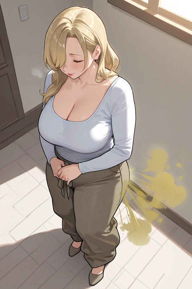 Standing person full body, picture,  Topics on pixiv,Tsunade, Favorite scene, The finer details. skin,sweating, Big Breasts, Mature Woman,60 years old,,Hands raised, Underarm, Underarm visible, Sweat dripping, Sweat more, sweaty Underarm,Chubby,Armpit hair is very thick,Thick pubic hair,The whole body is shown,wearing woman'ssuit, Black mini skirt,tights,Dress shirt,The chest is hidden,shirobako, big)}] One girl 