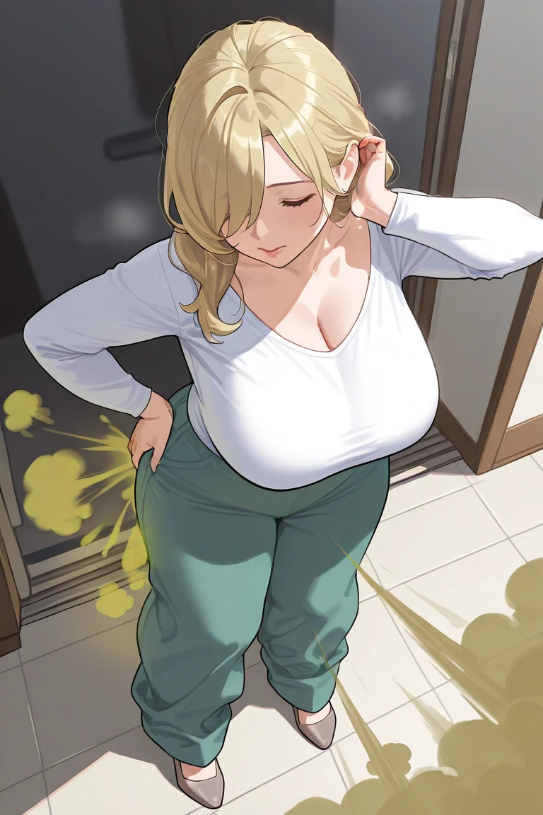 (((kipteitei art))), ((masterpiece)), (((best quality))), ((ultra-detailed)), (((illustration))), detailed face, detailed body, (1girl), (solo), ((Line art)), (in the style of cell shaded), (vivid colors), skindentation, blonde hair, hair over one eye, (((fluffy hair))), looking at viewer, blue eyes, blush, smile, happy, cute, wet, formal shirt, (pencil skirt), (((tight clothes))), ear piercing, Large breasts, cleavage, sagging breasts, (((wide hips))), ((((((thick thighs)))))), (chubby), chubby belly, fat rolls, she has a jiggly belly, ((belly grab)), ((office)),