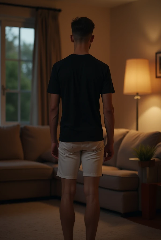 Homem branco jovem, bonito sem blusa, apenas toalha na cintura. em frente a uma porta, dentro de um apartamento.