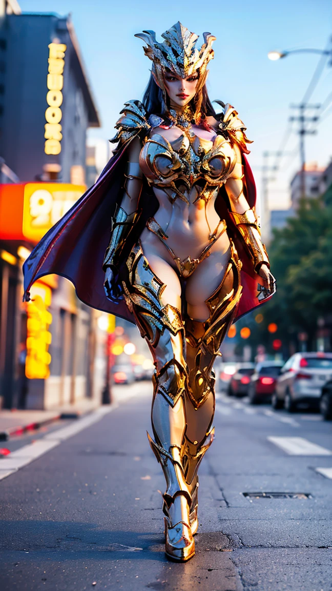 1GIRL, SOLO, (smile, makeup, beautiful eyes, red libs, gold dragon helm) (HUGE BOOBS:1.4) (MECHA GUARD ARM, GLOVES) (white, GIRL IN MECHA CYBER ARMOR CROP TOP, ROYAL CAPE, CLEAVAGE, SKINTIGHT HOTPANTS, HIGH HEELS:1.4) (SLENDER BODY, SEXY LONG LEGS, FULL BODY:1.5) (MUSCLE ABS:1.2) (LOOKING AT VIEWER:1) (WALKING DOWN ON STREET NIGHT CHERRY TREES:1.3) PHYSICALLY BASED RENDERING, ULTRA HIGHT DEFINITION, 8K, 1080P