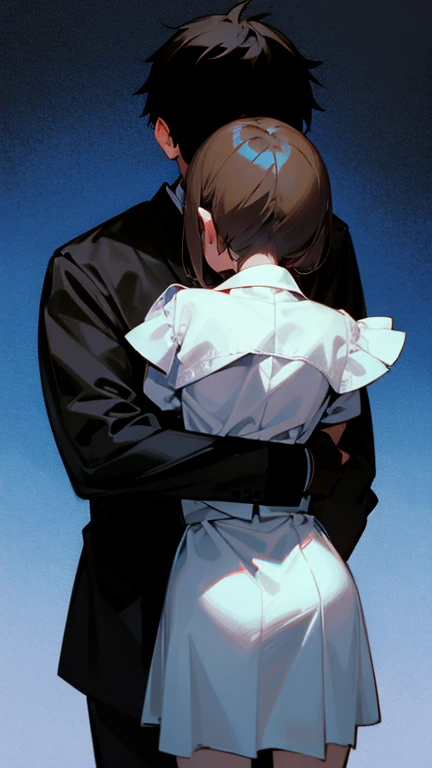 A handsome man with a slim figure, short black hair, black eyes and a smiling face with a bloodstained mouth. A handsome, slim man with a sad and hopeless face, short brown hair and brown eyes who was hugging.

