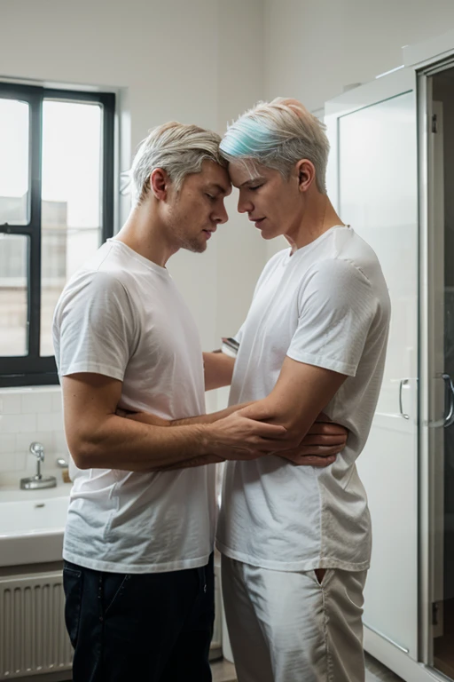 Boy with white hair and eyes kisses a cute girl with dark hair and blue eyes