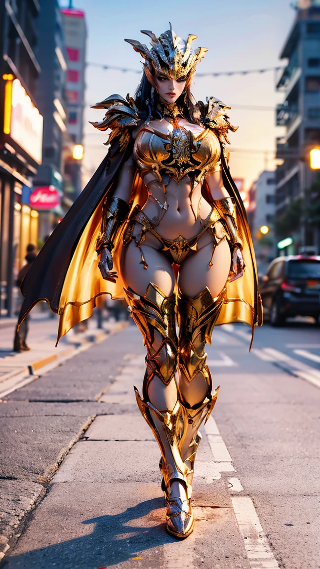 1GIRL, SOLO, (white hight ponytail hair, hair gold ornament), (HUGE FAKE BOOBS:1.3), ( FUTURISTIC DRAGON MECHA ARMOR SUIT, ROYAL CAPE, CLEAVAGE:1.5), (SKINTIGHT YOGA PANTS, HIGH HEELS:1.2), (NSFW GLAMOROUS BODY, CLOSE UP PORTRAIT:1.3), (FROM FRONT, LOOKING AT VIEWER:1), (WALKING DOWN ON STREET NIGHT CITY:1.3), PHYSICALLY-BASED RENDERING, ULTRA HIGHT DEFINITION, 8K, 1080P.