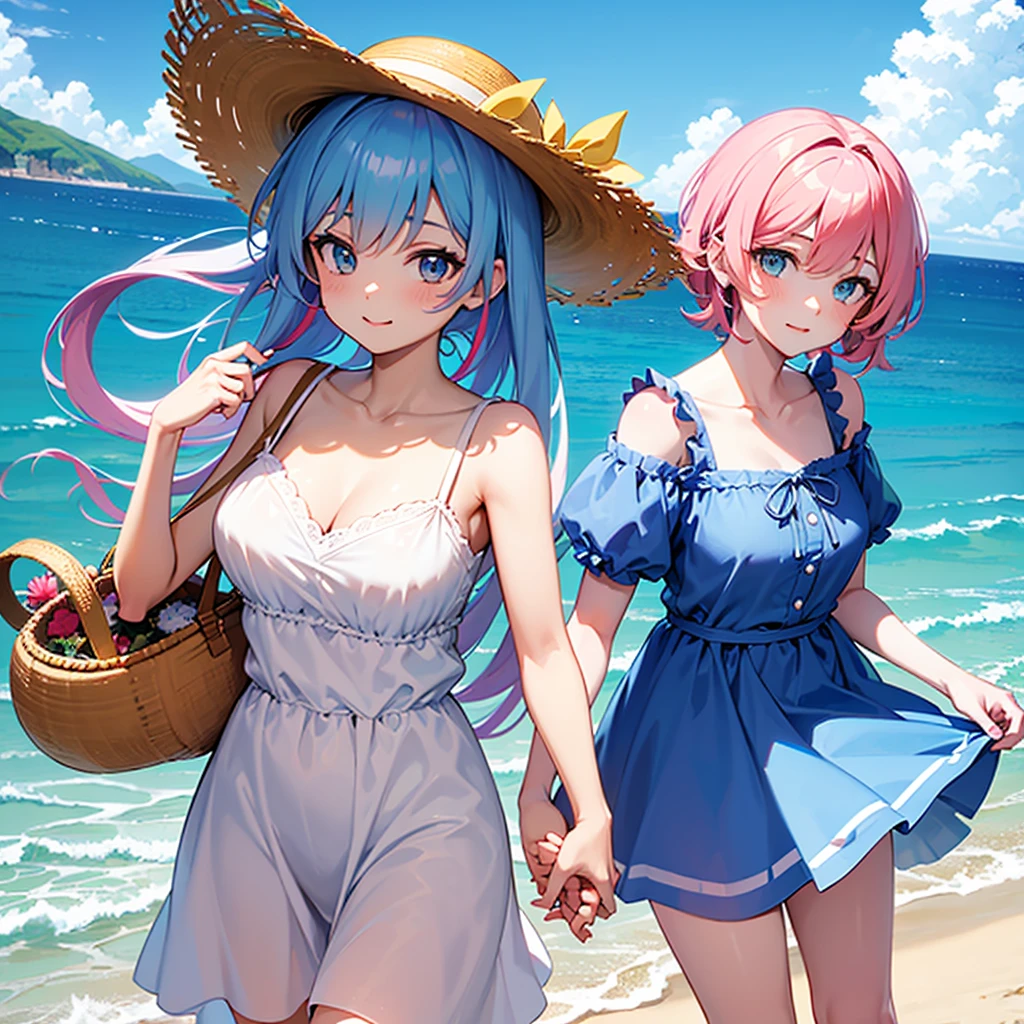 (Sky blue medium hair),(Braided hair tied together)、Pink eyes、Fair skin、(whole body)、(One Girl)、Black frilly swimsuit、Shining white sand beach in midsummer、Okinawa's ocean、A big smile、、(masterpiece、Highest quality、Very detailed、Best Shadow)、(Detailed Background)、(Beautifully detailed face)、High contrast、(Best lighting、Very delicate and beautiful)、((Cinematic Light))、colorful、Hyper Detail、Dramatic Light、Exquisite detail、Girl sitting