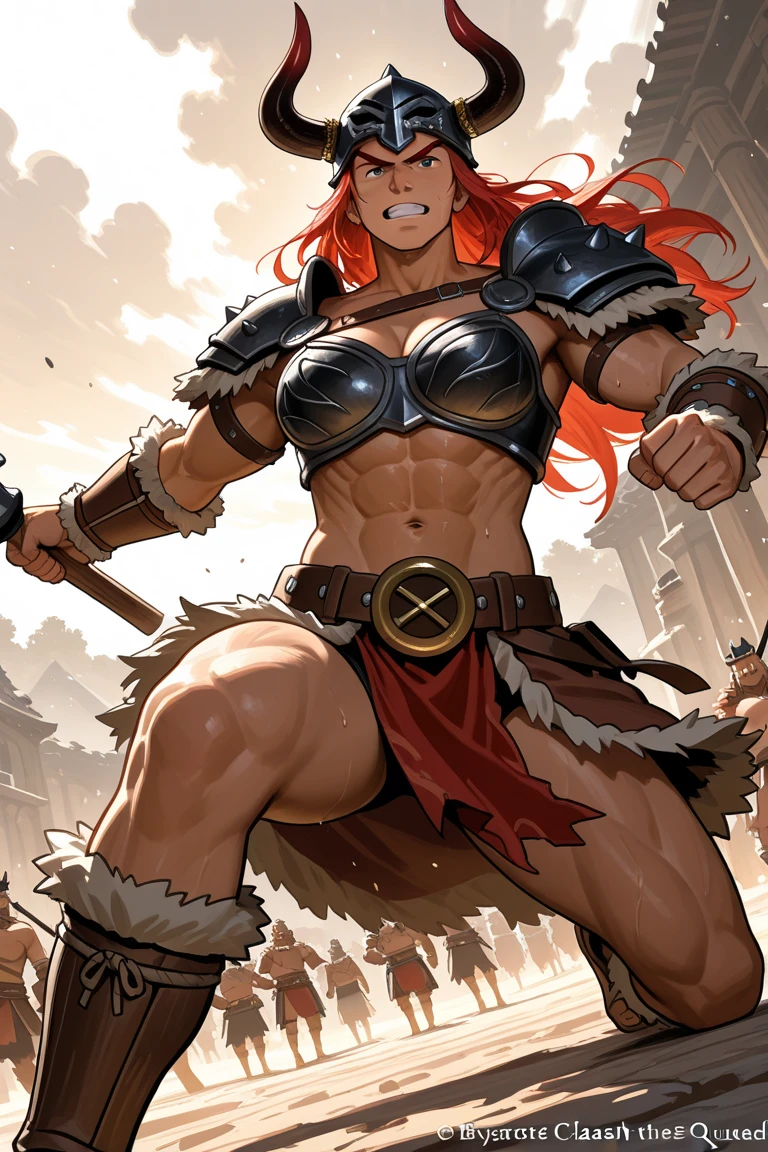 (best quality,ultra-detailed),(realistic:1.37),scene:sexy muscled female barbarian,red long hair,sexy barbarian outfit,six packs,detailed clothes,riding big wolf,scouting plain nearby,medium:oil painting,material:fine canvas,additional details:gorgeous golden accessories,jewelry,leather boots,wolf has piercing blue eyes and sharp teeth,art style:fantasy,colors:rich and vibrant,lighting:soft golden sunlight, ((((huge muscles))))