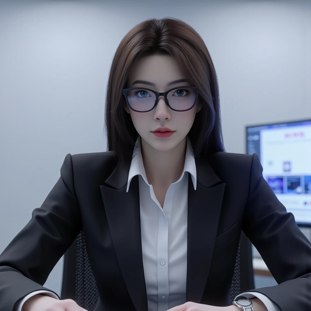there  a woman in a suit and glasses standing in a futuristic room, dark red hair, light orange eyes, resting bitch face