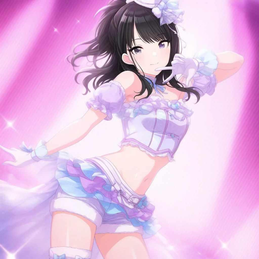Idol girl in dress dancing on stage with confetti, Long blue hair、 Black eyes、sparkling magical girl, Best Anime 4K、anime moe art style, Detailed key anime art, official artwork, idolmaster, Cute, Gorgeous and cute white and blue dresses、Hands up、jumpping、hight resolution、The best smile、cleavage of the breast、high-heels、a frilled miniskirt、Shining lighting with neon details、Hold the microphone with your left hand and sing、light reflections、Heart-shaped iris、playful eyes、Open shoulders、Sateen、(a wet body)、Hair Jewelry、pantiy、(Cute embroidered white panties)