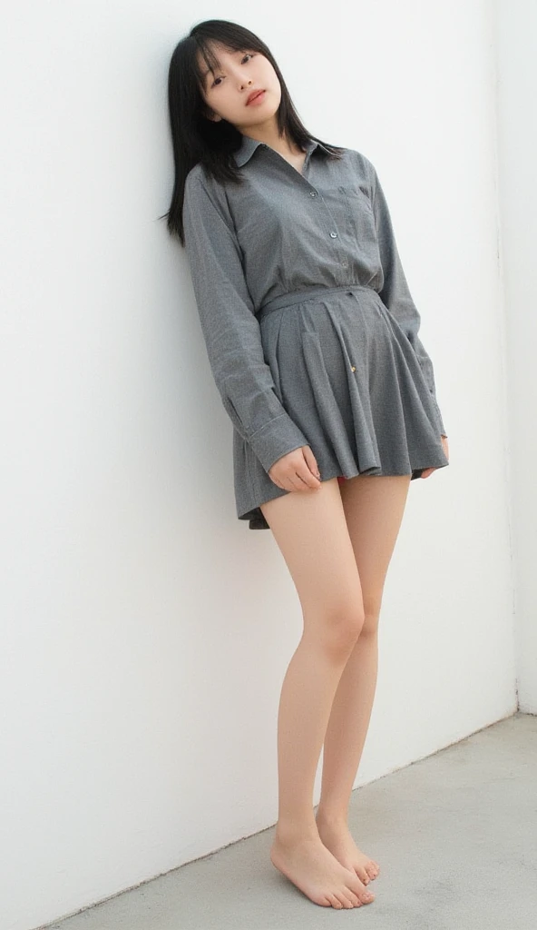 nsfw, 8K raw photo, Best quality, masterpiece, ultra high res, film grain, filmg, 1girl, young girl, 20 years old, looking at viewer, natural skin texture, realistic eye and face details, full lips, lipstick, (makeup), red eyeshadow, fluffy long hair, black hair, messy hair, smile, close mouth, beautiful legs, tall female, skinny, slim_legs, solo, skirt lift, looking forward, standing, Shows pussy, In a skirt, perfect pussy,