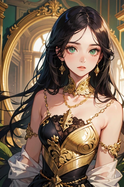 anime girl with medium length black hair, greeneyes, and light skin. she has freckles . She wears a white tiara-shaped crown. A white and gold bodysuit with magical style details in its design, with hexagonal patterns.