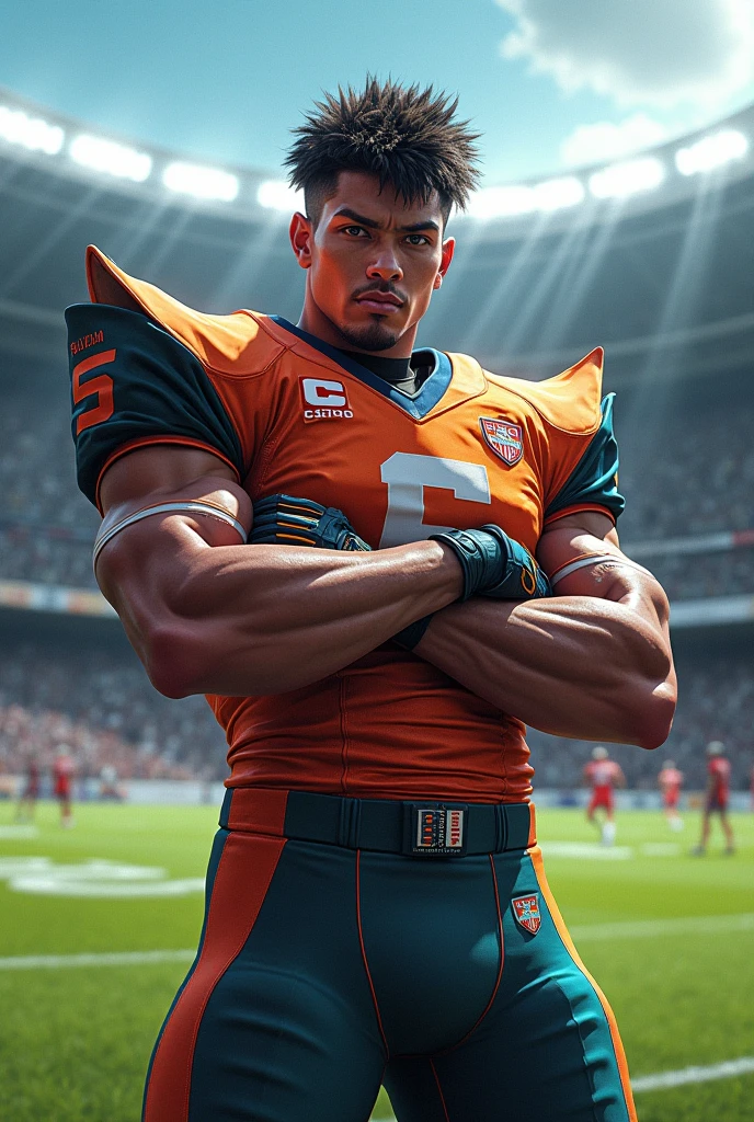 Generate an image of an teenage, male, African American football player who resembles a Super Saiyan version of Goku from Dragon Ball Z. The football player's body should be muscular and powerful, with maroon-colored football attire that features the number '50' in gold on the chest. The player's skin should have a rich dark blackish-brown tone, and they should have short, curly brown hair and brown eyes. Place the football player on a football field with lush green grass and white goalposts. In the background, add dramatic stormy weather with dark clouds, lightning strikes, and thunder rumbling, creating an intense and electrifying atmosphere